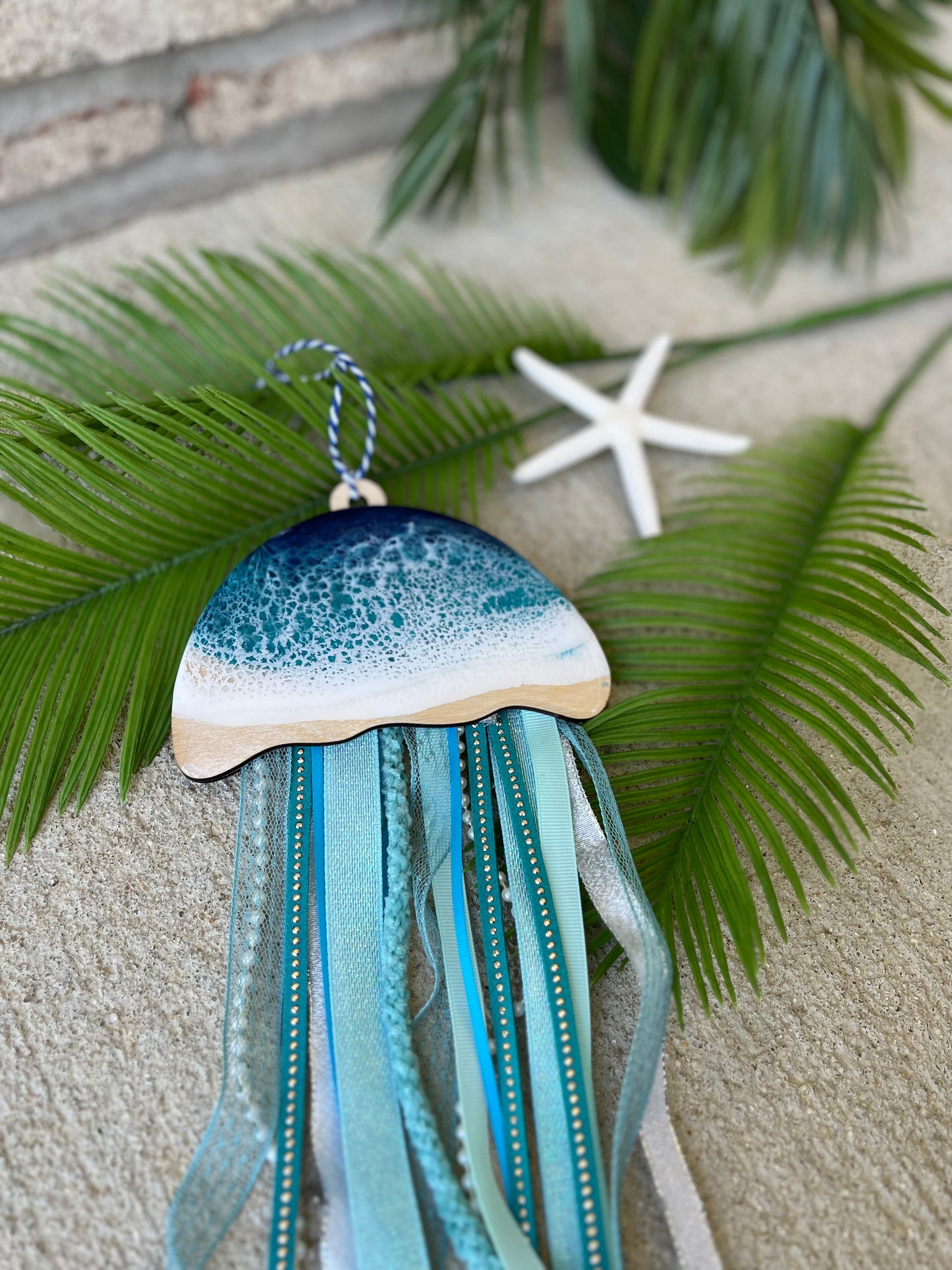 Resin Ocean Jellyfish with Ribbon Tentacles Ornament