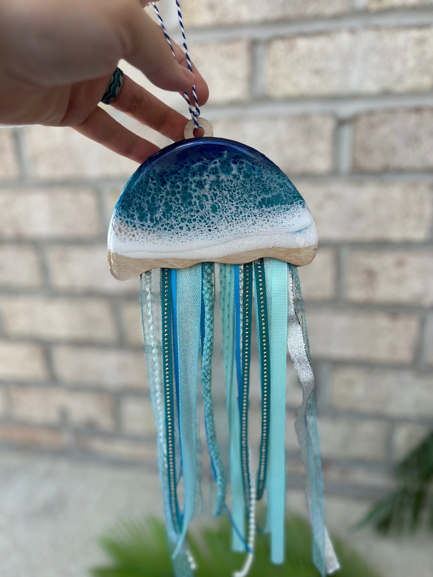 Resin Ocean Jellyfish with Ribbon Tentacles Ornament