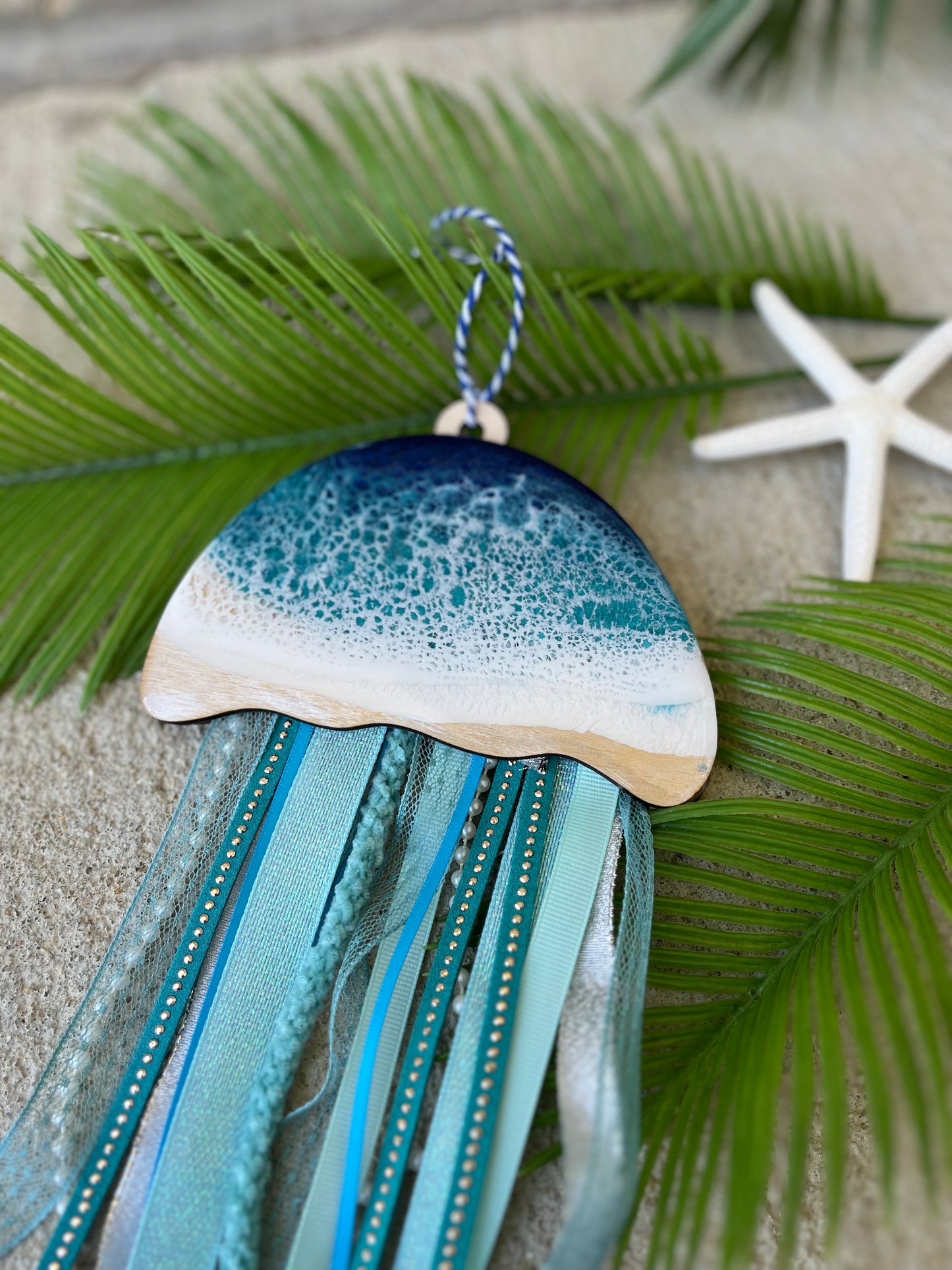 Resin Ocean Jellyfish with Ribbon Tentacles Ornament