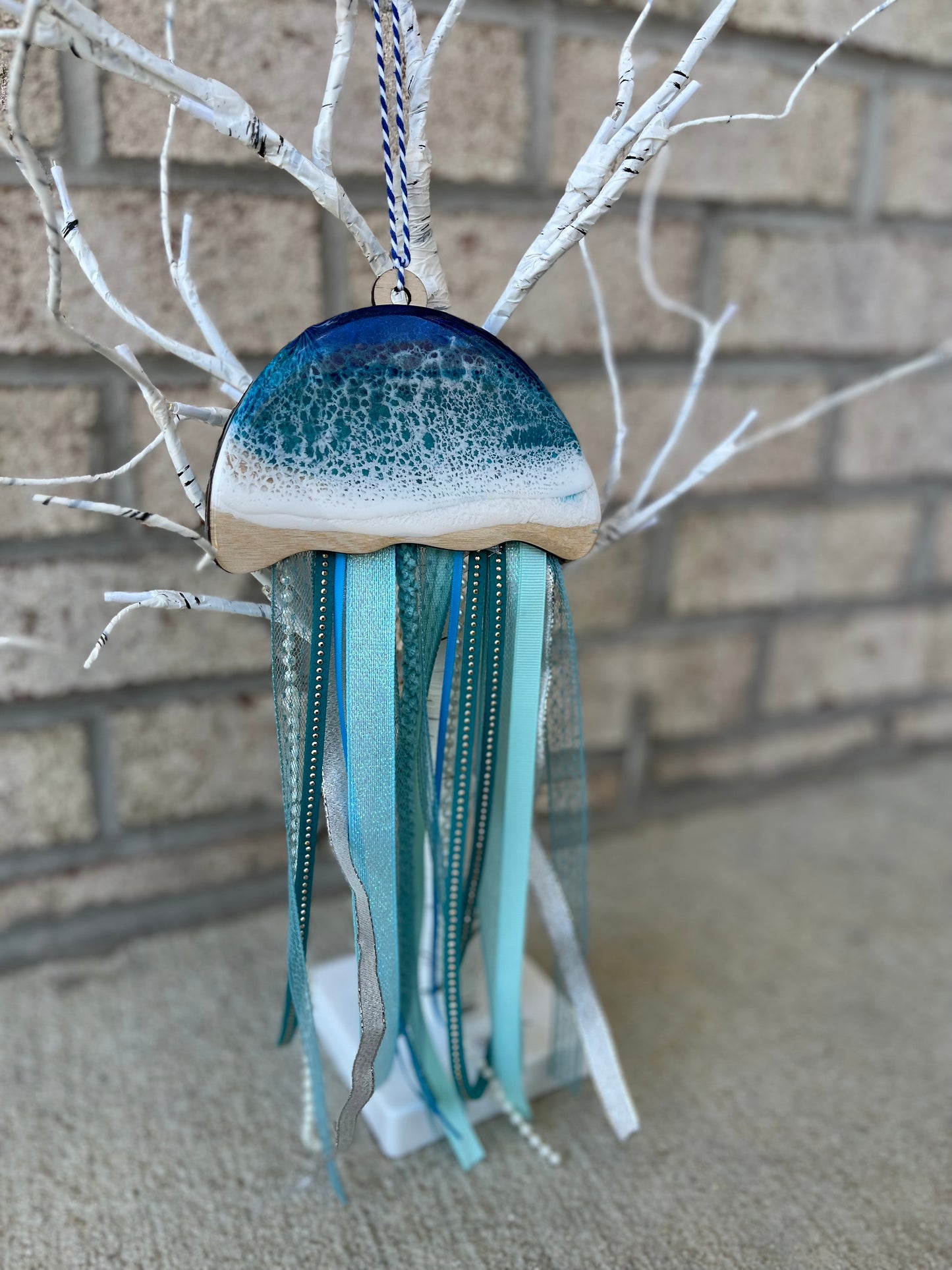 Resin Ocean Jellyfish with Ribbon Tentacles Ornament