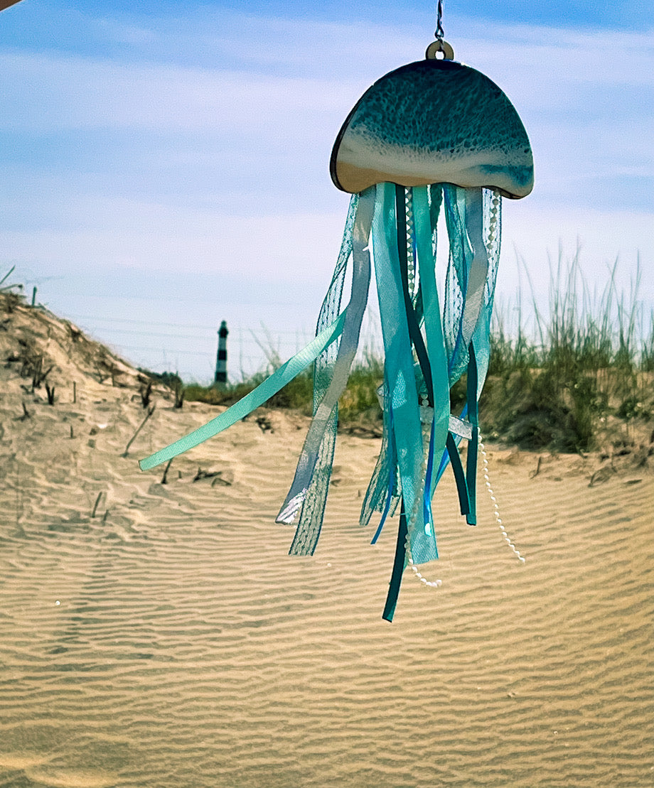 Resin Ocean Jellyfish with Ribbon Tentacles Ornament