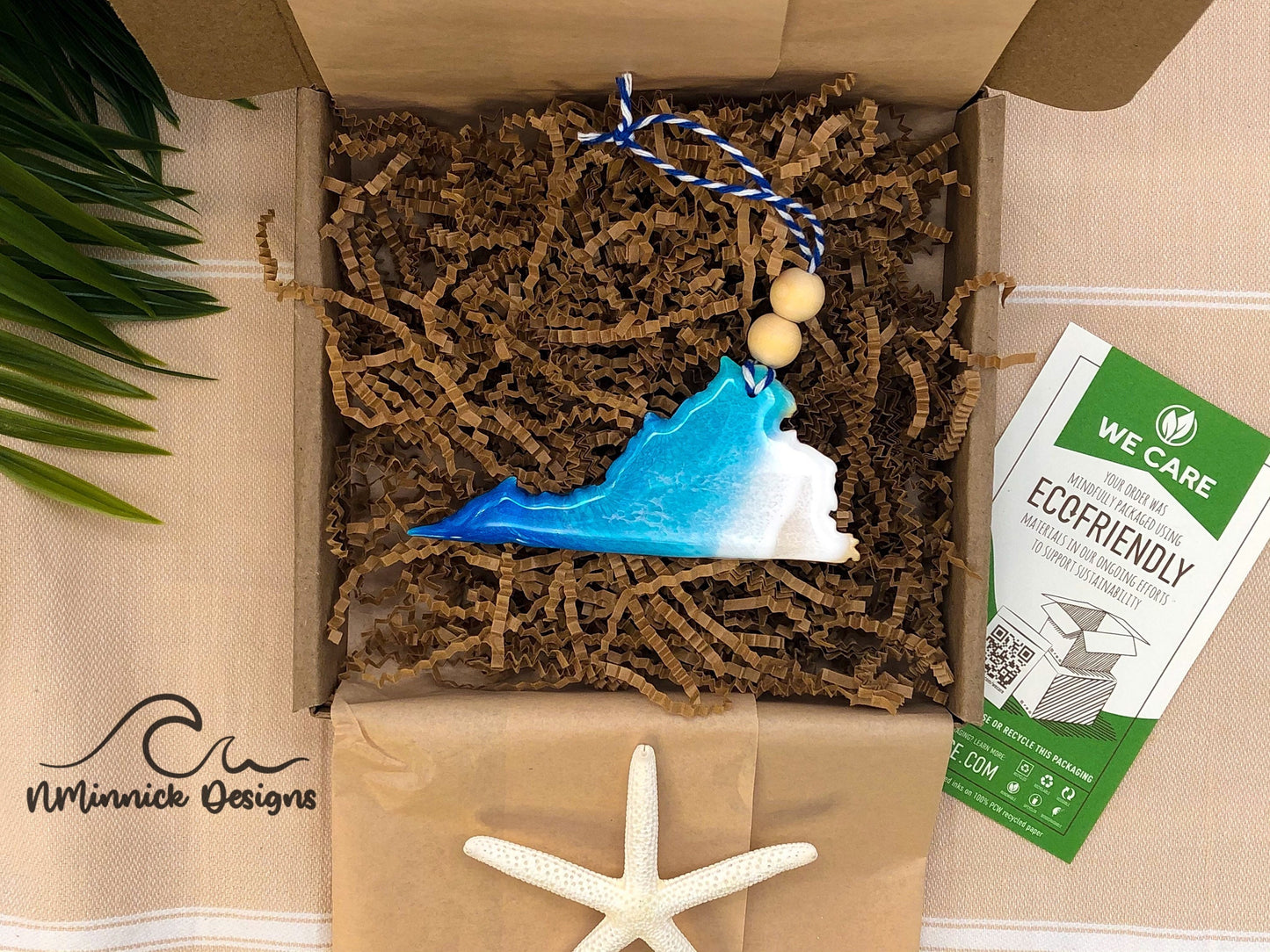 virginia state wood and resin ornament packaged in ecofriendly plastic free materials with recyclable box, tissue paper and paper shred.