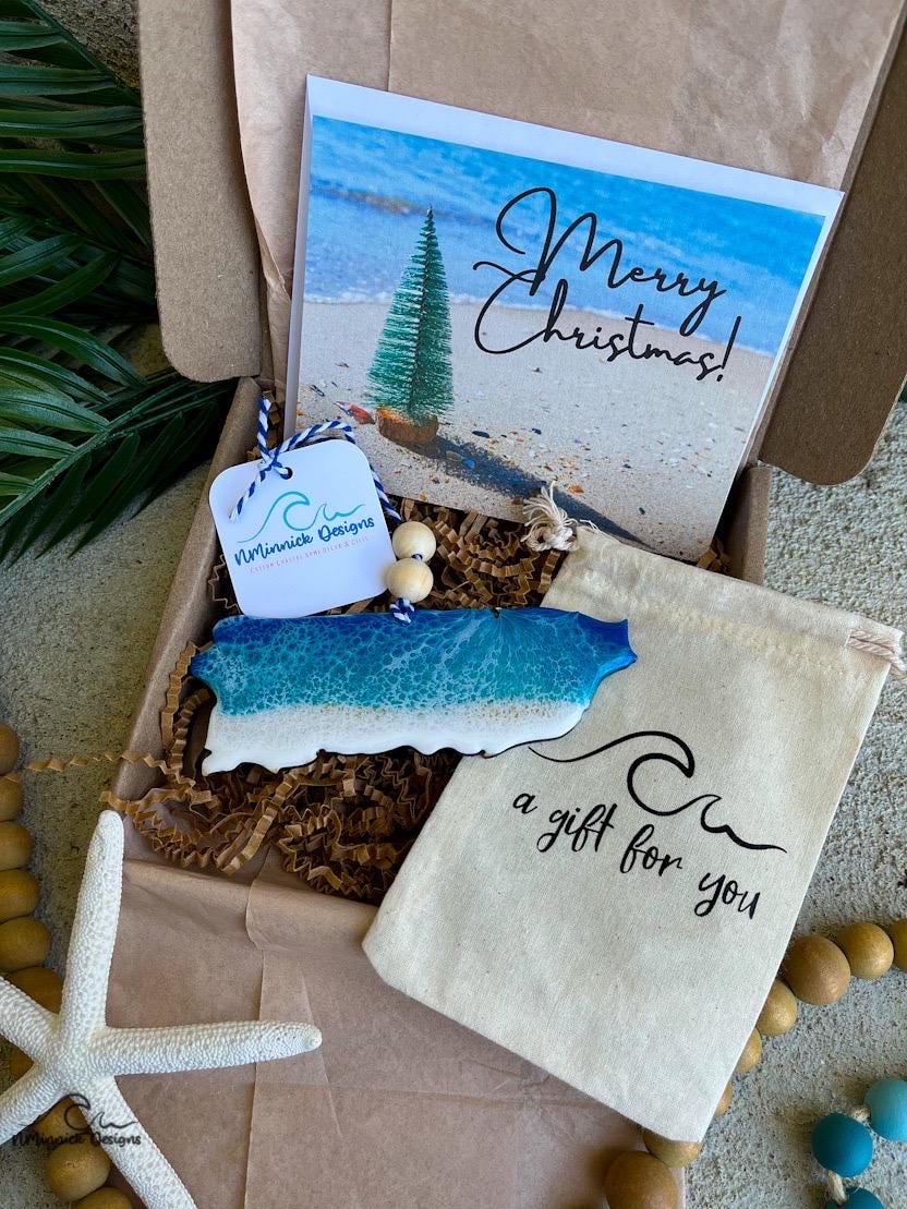 Puerto Rico Ocean Resin Ornament Gift Box with Muslin Bag and Personalized Card, Vacation Memories, Beach Gifts, Ocean Waves