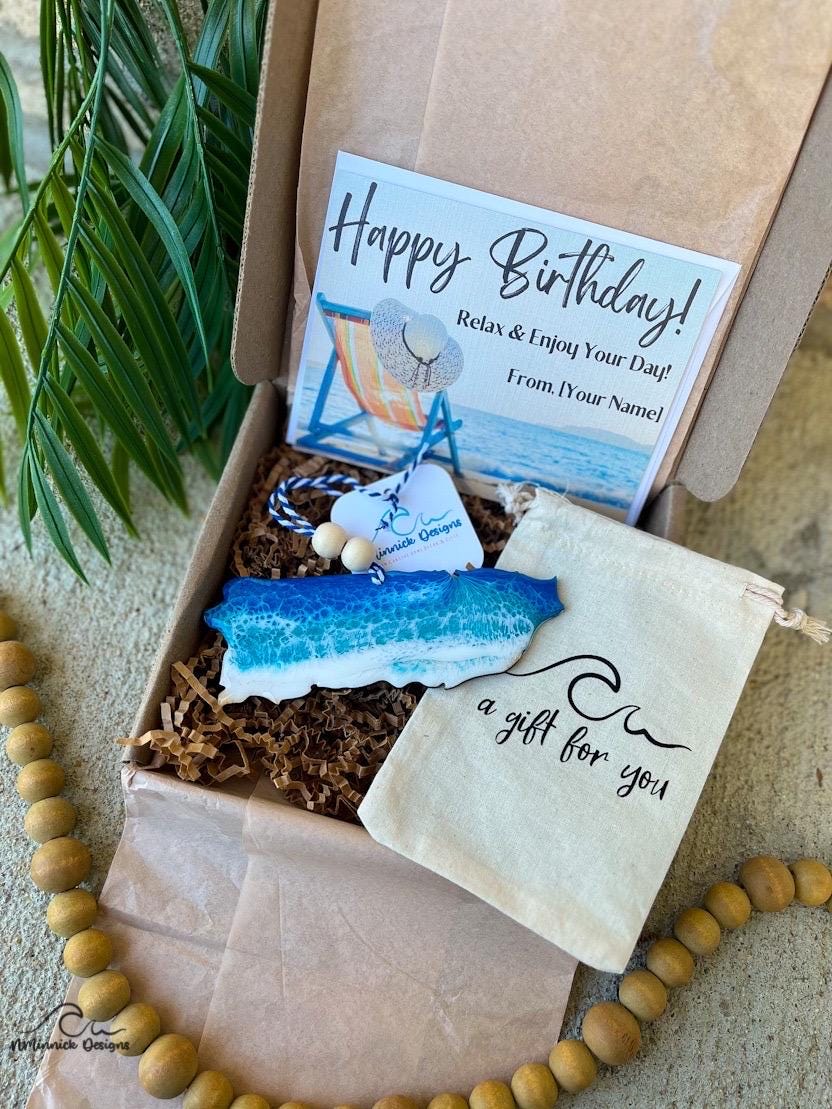 Puerto Rico Ocean Resin Ornament Gift Box with Muslin Bag and Personalized Card, Vacation Memories, Beach Gifts, Ocean Waves