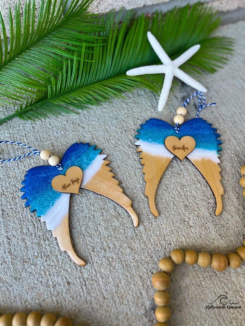 Personalized Angel Wing Memorial Keepsake Ocean Resin Ornament, Remembrance Ornament, Christmas in Heaven, Beach Memorial Bereavement Gift