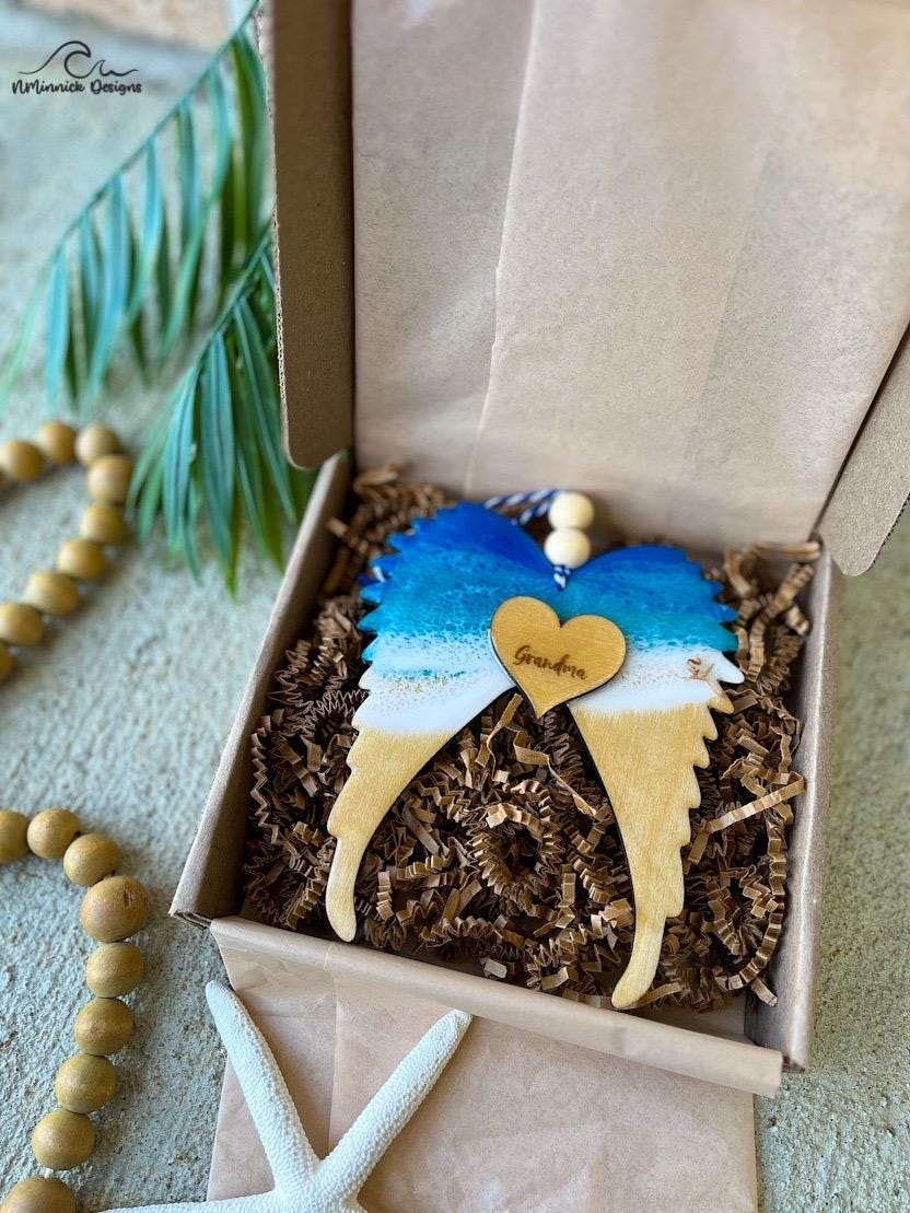 Personalized Angel Wing Memorial Keepsake Ocean Resin Ornament, Remembrance Ornament, Christmas in Heaven, Beach Memorial Bereavement Gift
