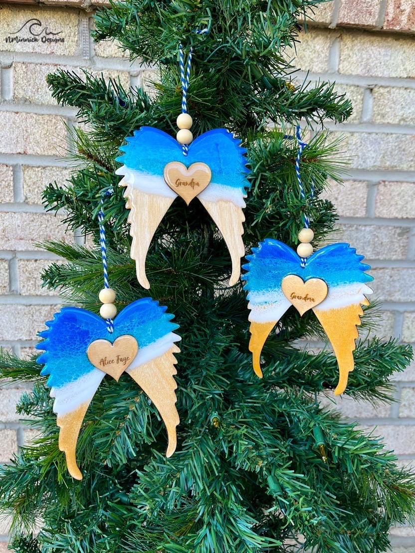 Personalized Angel Wing Memorial Keepsake Ocean Resin Ornament, Remembrance Ornament, Christmas in Heaven, Beach Memorial Bereavement Gift