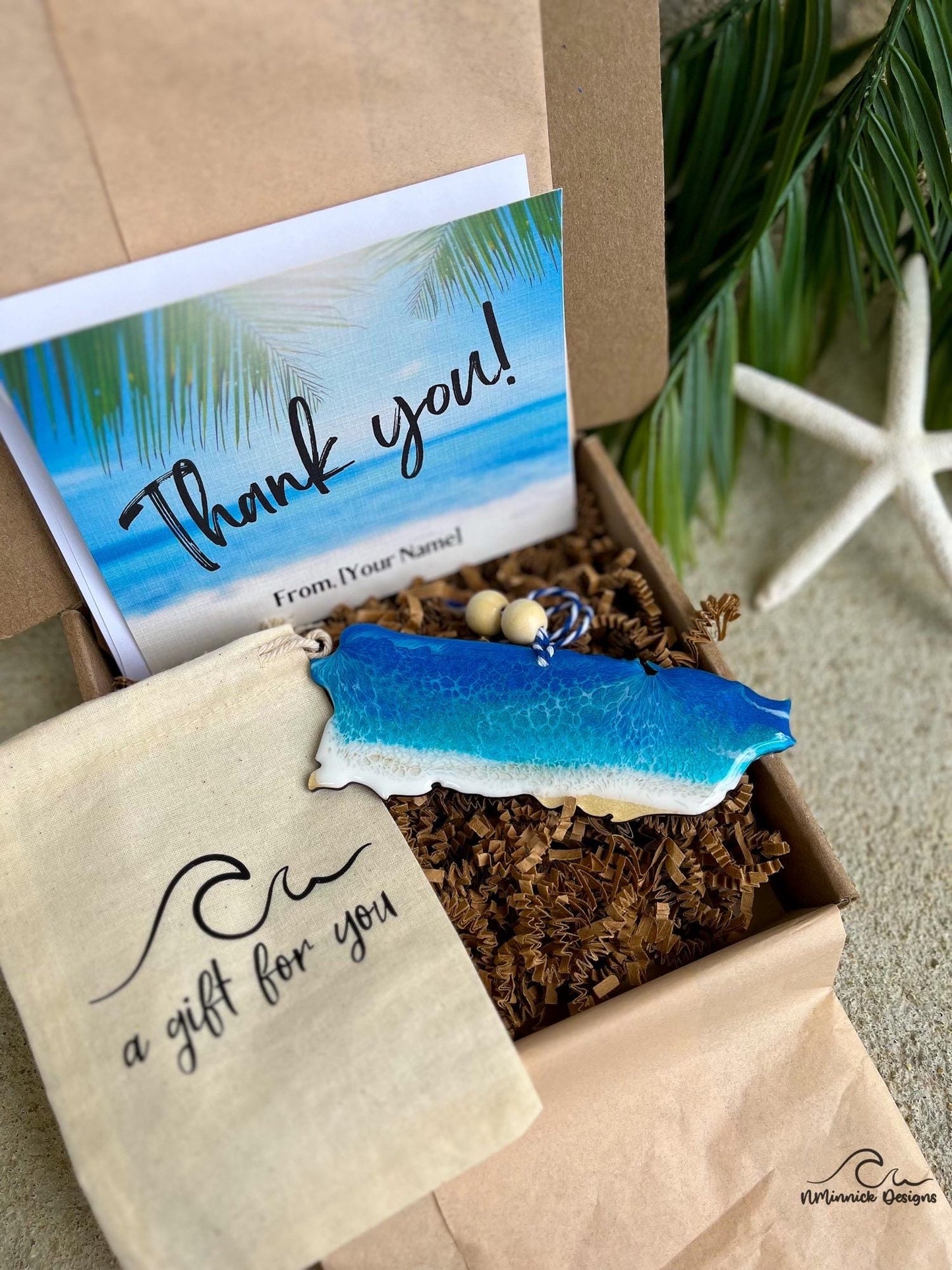 Puerto Rico Ocean Resin Ornament Gift Box with Muslin Bag and Personalized Card, Vacation Memories, Beach Gifts, Ocean Waves