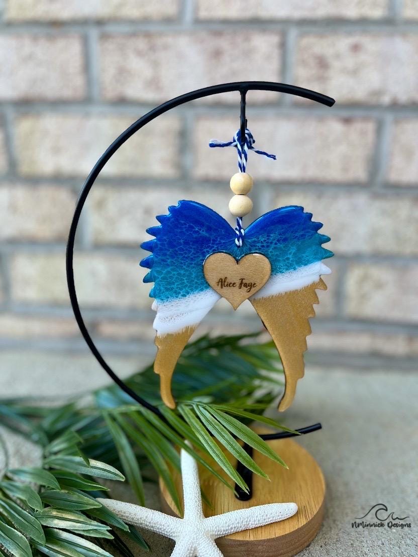 Personalized Angel Wing Memorial Keepsake Ocean Resin Ornament, Remembrance Ornament, Christmas in Heaven, Beach Memorial Bereavement Gift