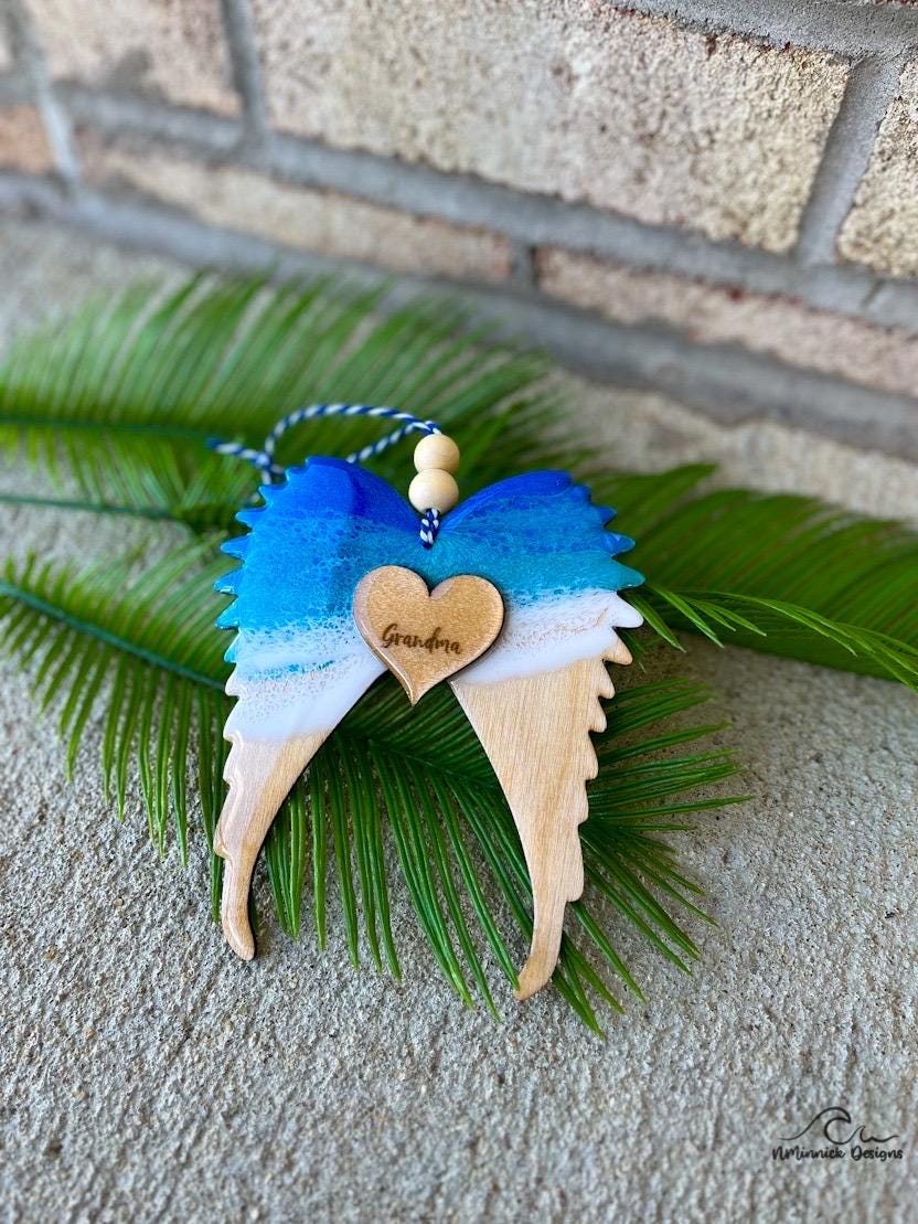Personalized Angel Wing Memorial Keepsake Ocean Resin Ornament, Remembrance Ornament, Christmas in Heaven, Beach Memorial Bereavement Gift