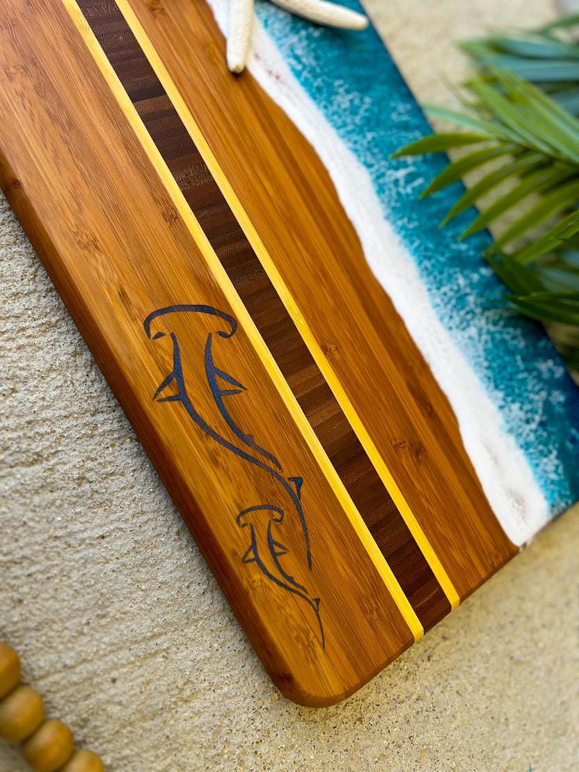 Resin Ocean Bamboo Cheese Board | Sea Turtle & Hammerhead Shark Inlay | Coastal Serving Gift