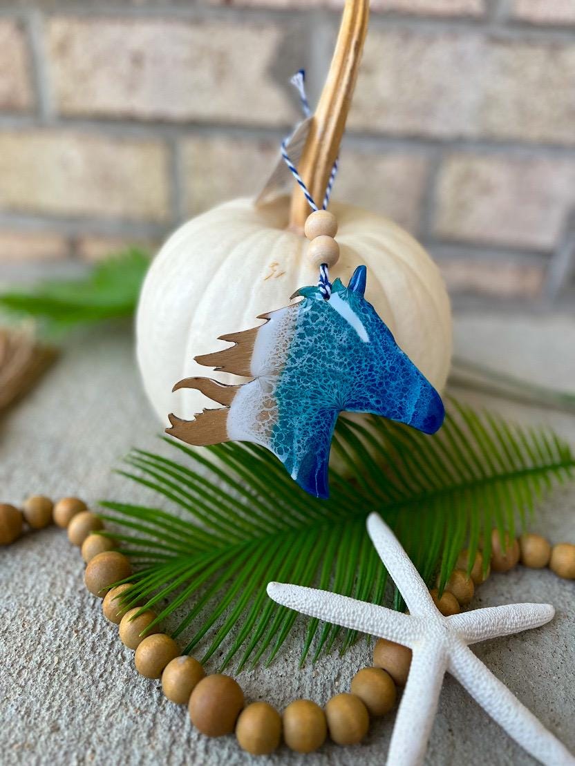 Handmade Corolla Wild Horse ocean resin ornament with “Corolla” engraved on the back, coastal beach decor inspired by the Outer Banks