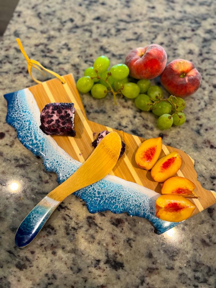 California Cheese Board Gift Set with Ocean Resin Wave Art, Coastal Serving Board and Cheese Spreader, Beach House Decor