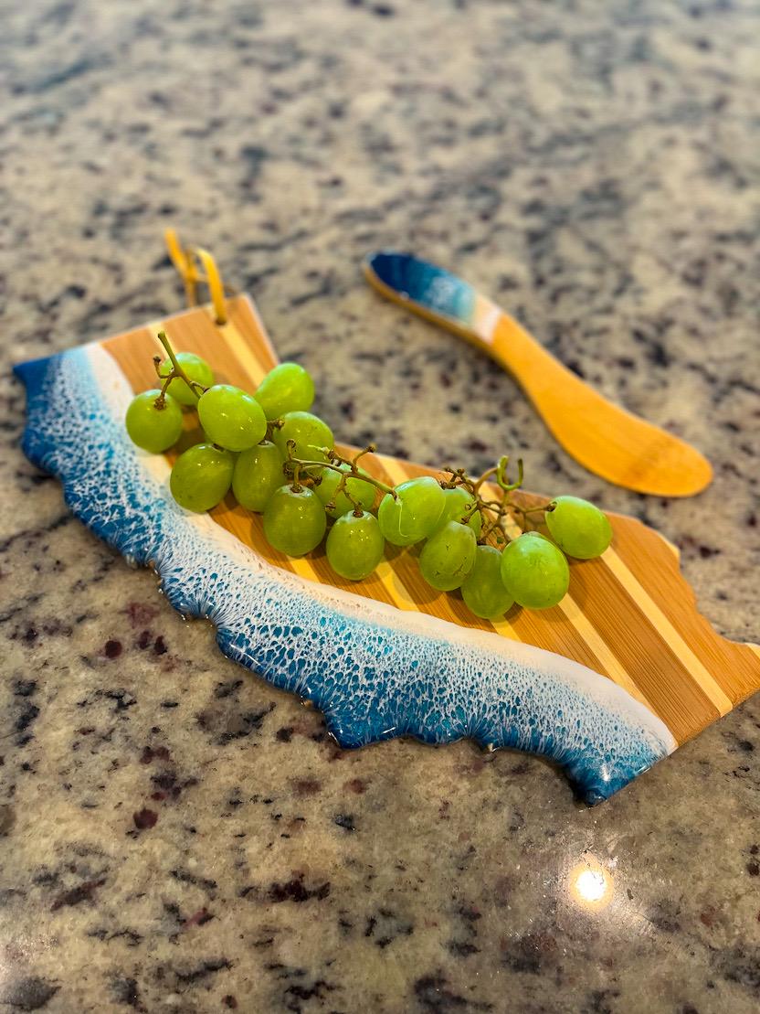 California Cheese Board Gift Set with Ocean Resin Wave Art, Coastal Serving Board and Cheese Spreader, Beach House Decor