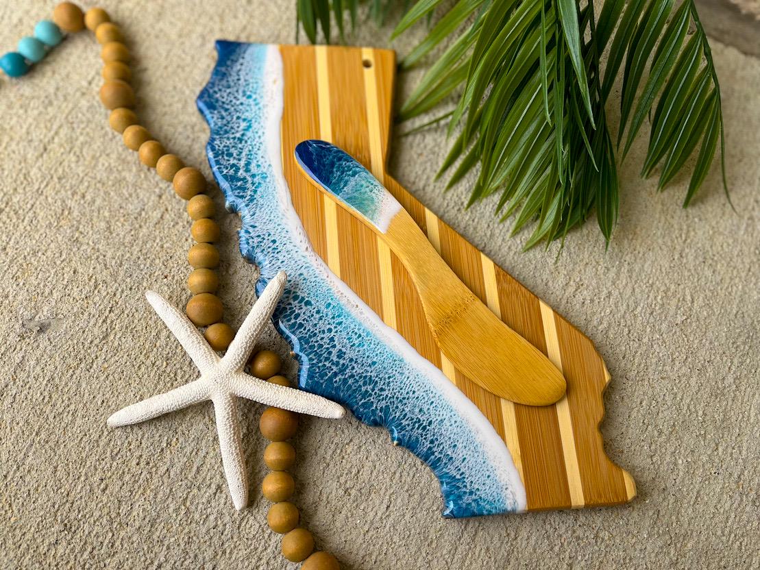 California Cheese Board Gift Set with Ocean Resin Wave Art, Coastal Serving Board and Cheese Spreader, Beach House Decor