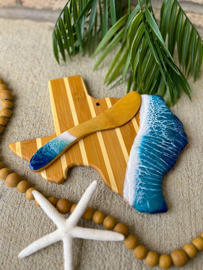Texas Cheese Board Gift Set, Bamboo Serving Platter with Ocean Resin Wave Art, Coastal Charcuterie Board, Beach House Decor