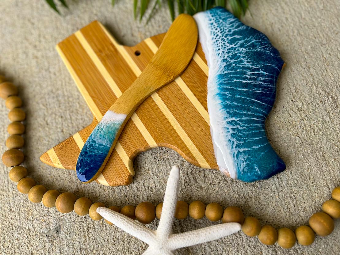 Texas Cheese Board Gift Set, Bamboo Serving Platter with Ocean Resin Wave Art, Coastal Charcuterie Board, Beach House Decor