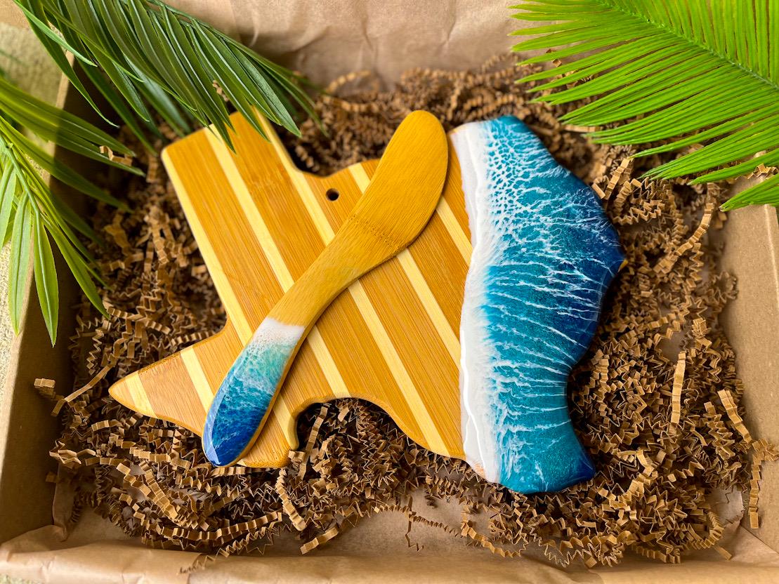 Texas Cheese Board Gift Set, Bamboo Serving Platter with Ocean Resin Wave Art, Coastal Charcuterie Board, Beach House Decor