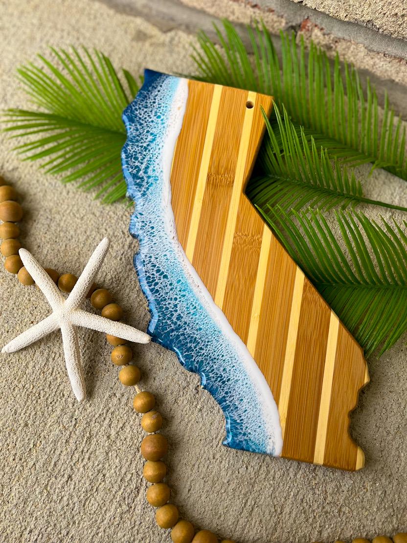 California Cheese Board Gift Set with Ocean Resin Wave Art, Coastal Serving Board and Cheese Spreader, Beach House Decor
