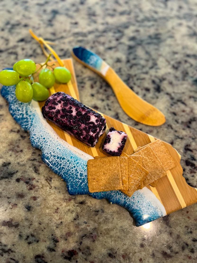 California Cheese Board Gift Set with Ocean Resin Wave Art, Coastal Serving Board and Cheese Spreader, Beach House Decor