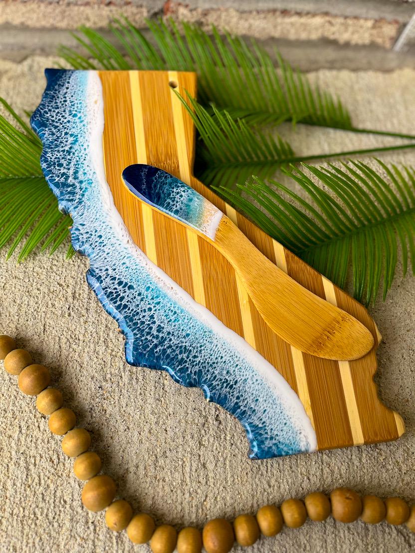 California Cheese Board Gift Set with Ocean Resin Wave Art, Coastal Serving Board and Cheese Spreader, Beach House Decor