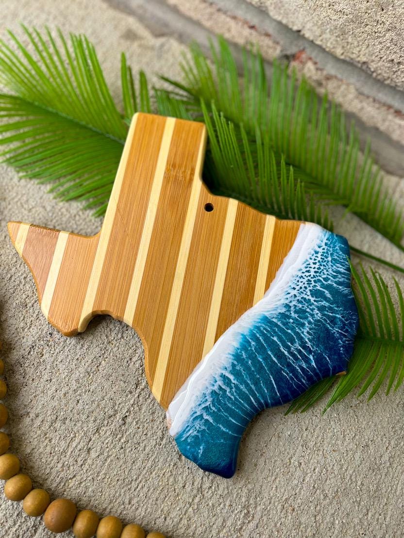 Texas Cheese Board Gift Set, Bamboo Serving Platter with Ocean Resin Wave Art, Coastal Charcuterie Board, Beach House Decor