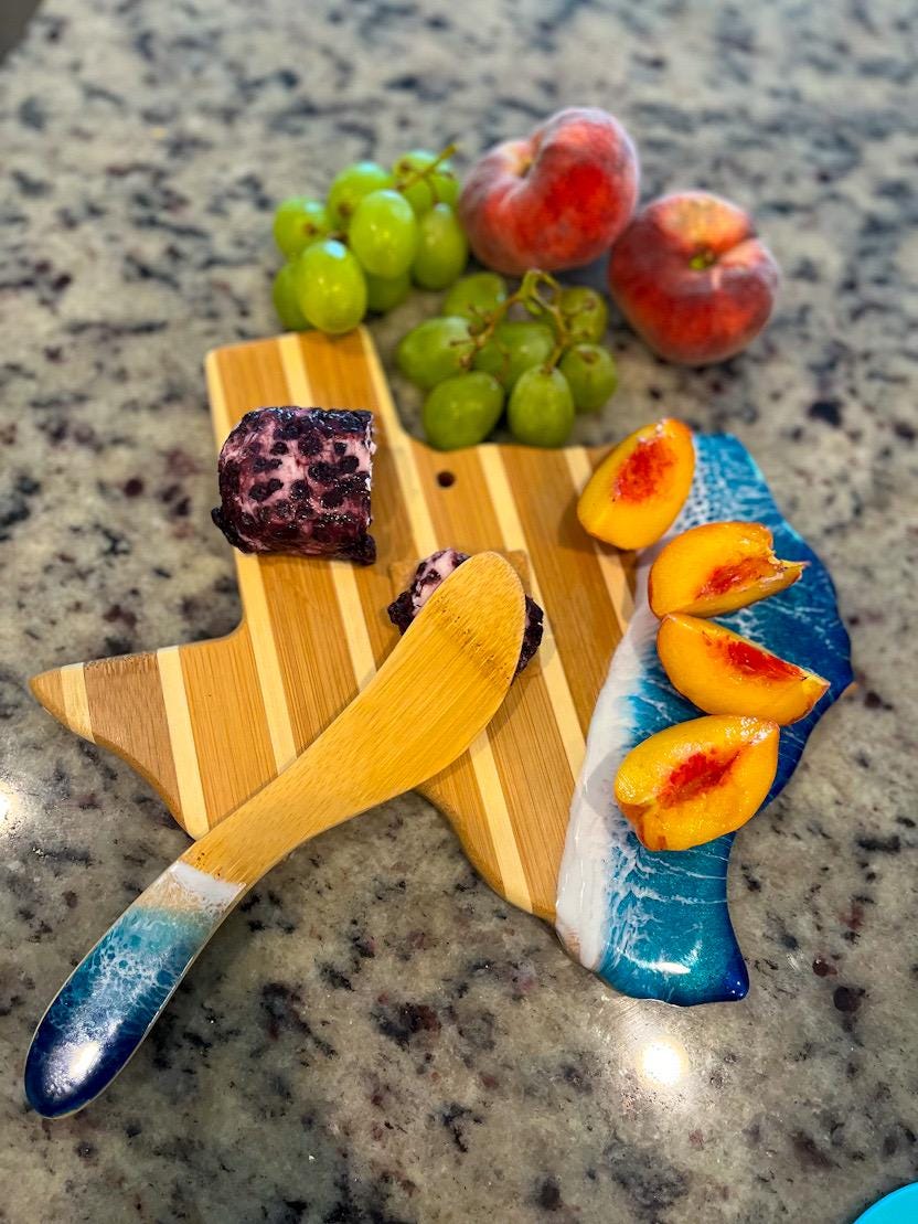 Texas Cheese Board Gift Set, Bamboo Serving Platter with Ocean Resin Wave Art, Coastal Charcuterie Board, Beach House Decor