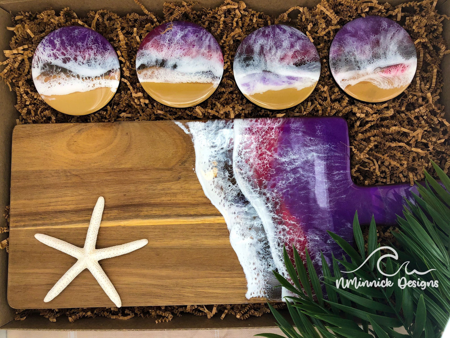 Ocean Charcuterie Board and Coaster Birthday Box, Purple/Red/Black