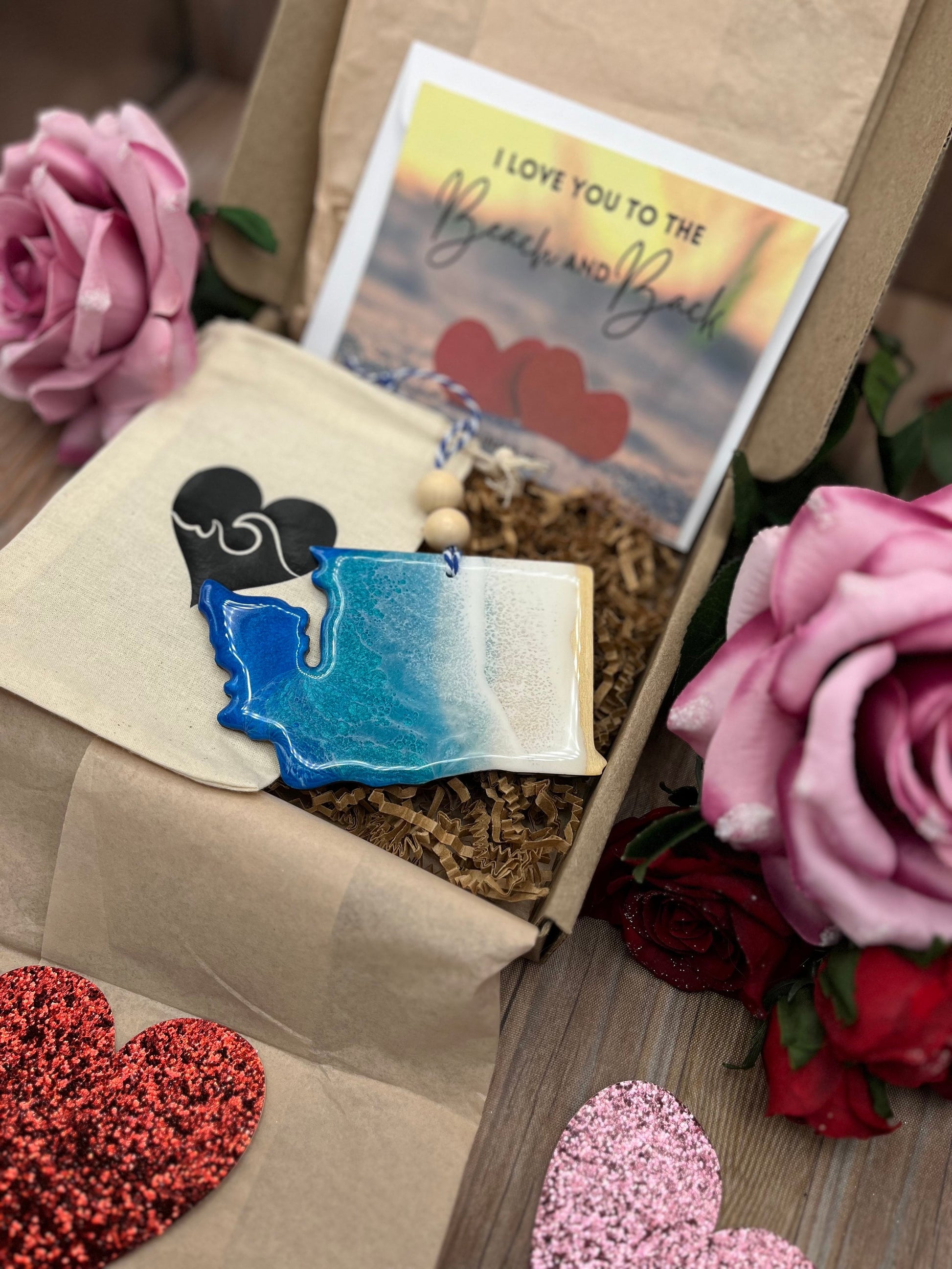 Washington State Ornament Valentines Day Gift Box with Custom Card and Ornament Keeper Bag