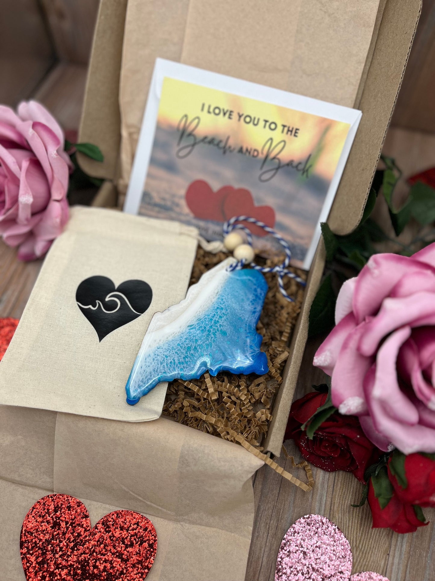 Maine Ornament Valentines Day Gift Box with Custom Card and Ornament Keeper Bag