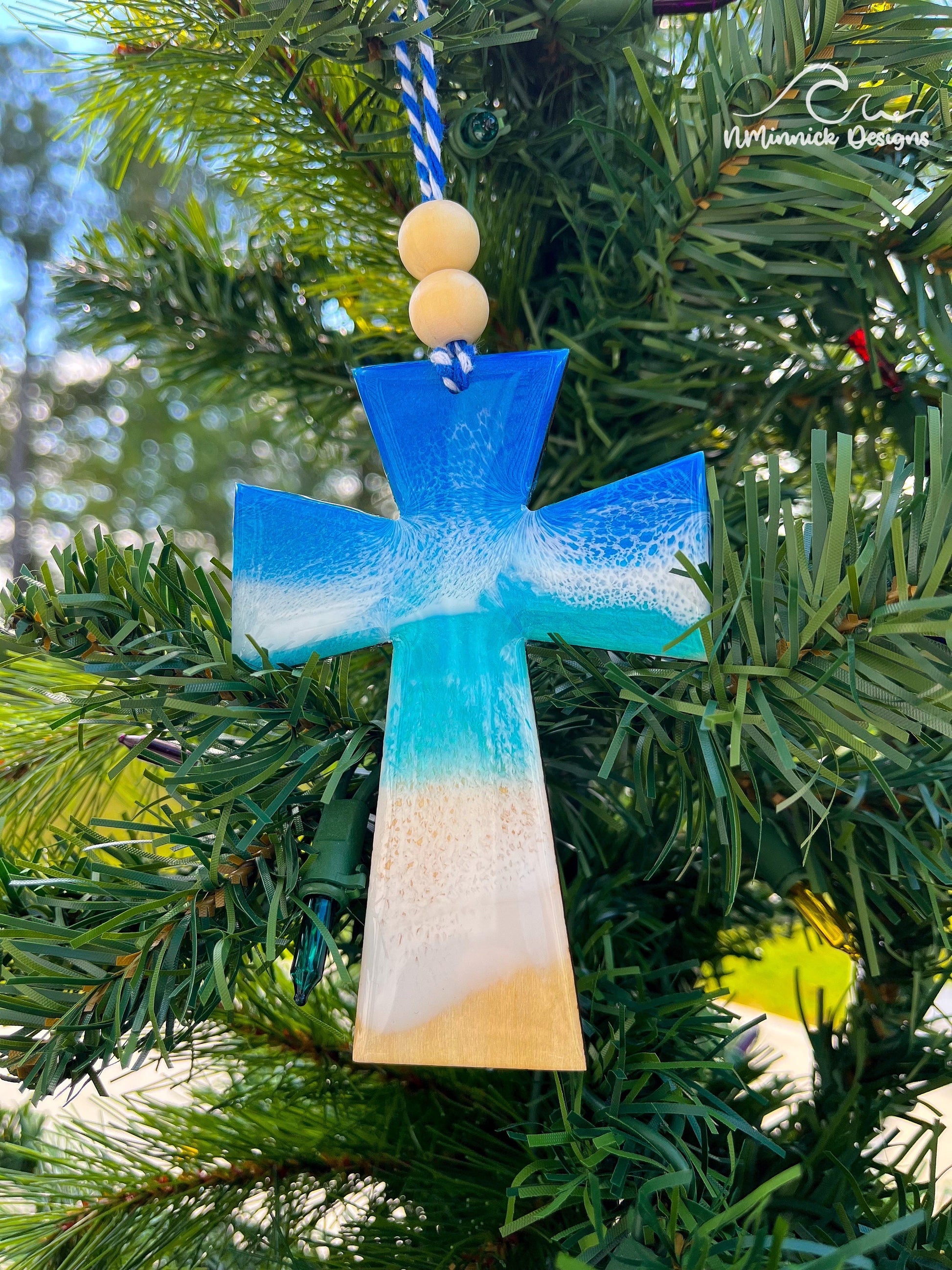 Beach Cross Wood and Resin Ornament