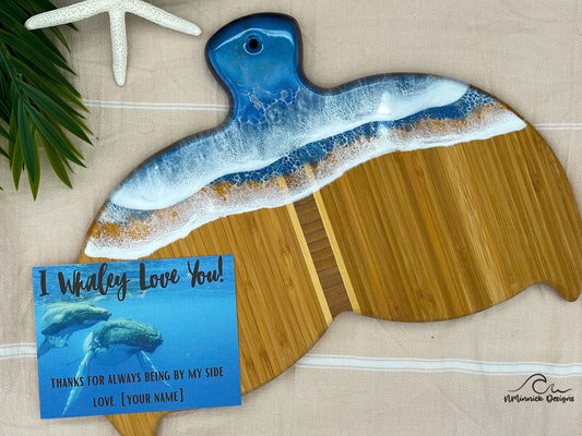 Whale Tail Bamboo Resin Cheese Board with Personalized Mother's Day Card, I Whaley Love You, Beach Lover Gift