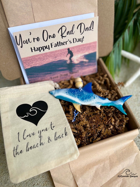 Father’s Day ornament gift box with handmade shark wooden ocean resin wave ornament, plastic free packaging, muslin ornament keeper bag and Happy Father’s Day card
