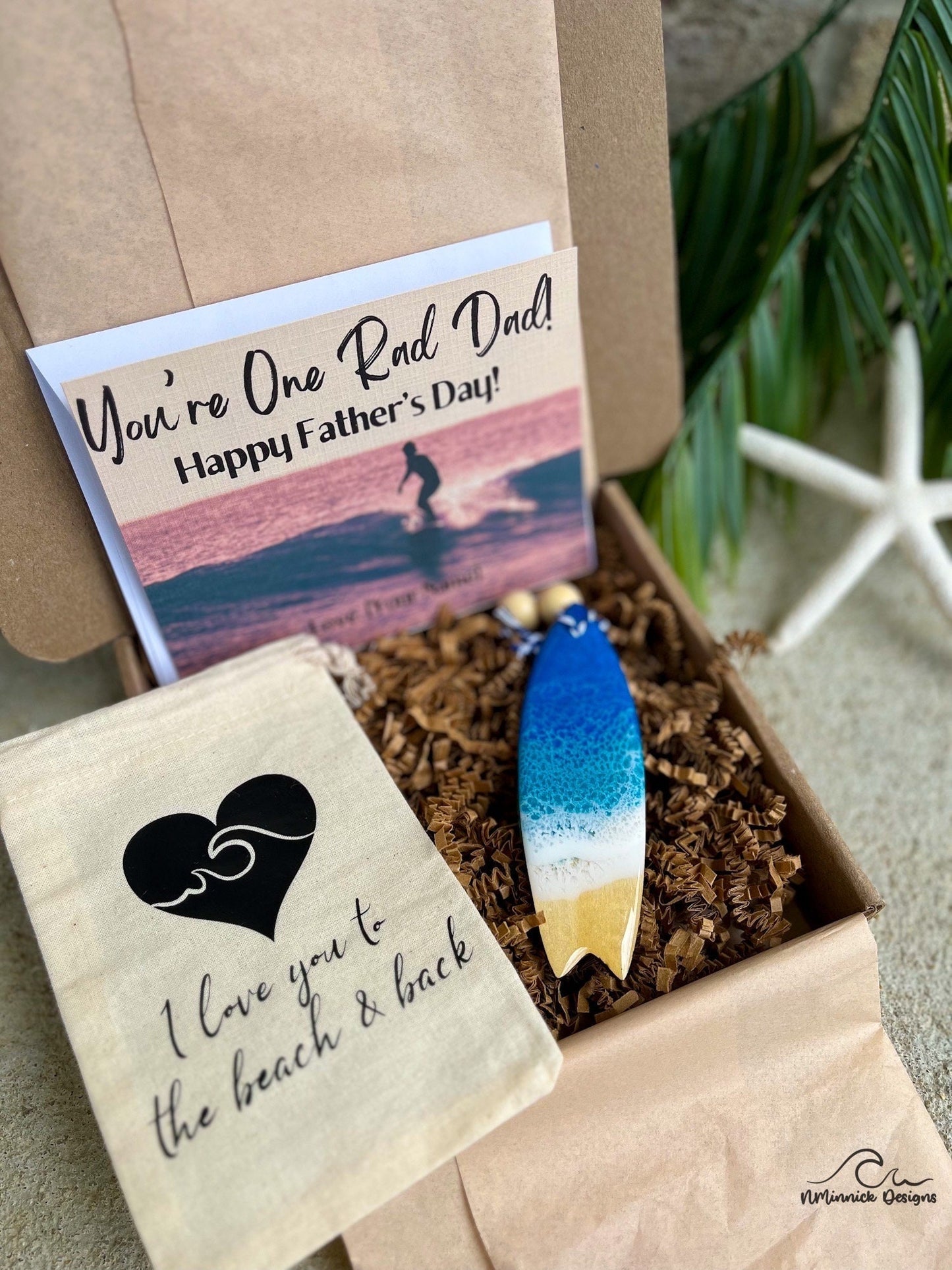 Father's Day ornament gift box with handmade wooden surfboard ocean resin wave ornament, plastic free packaging, muslin ornament keeper bag and Happy Father’s Day card