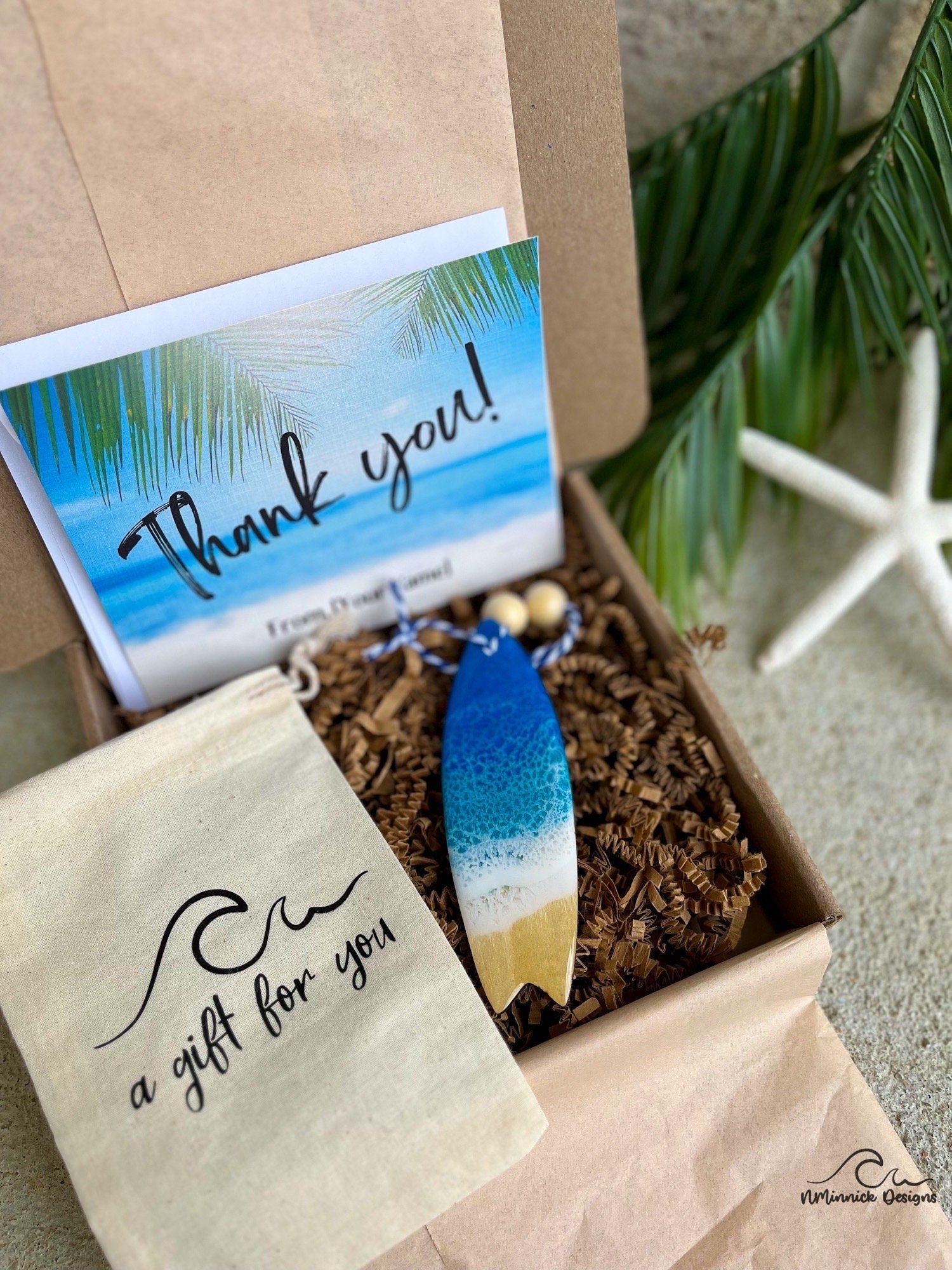 Surfboard Ornament Gift Box with Keepsake Gift Bag and Custom Card