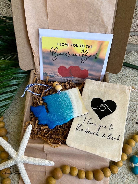 Ornament gift box with handmade wooden Washington State ocean resin wave ornament, plastic free packaging, muslin ornament keeper bag and love you to the beach and back card