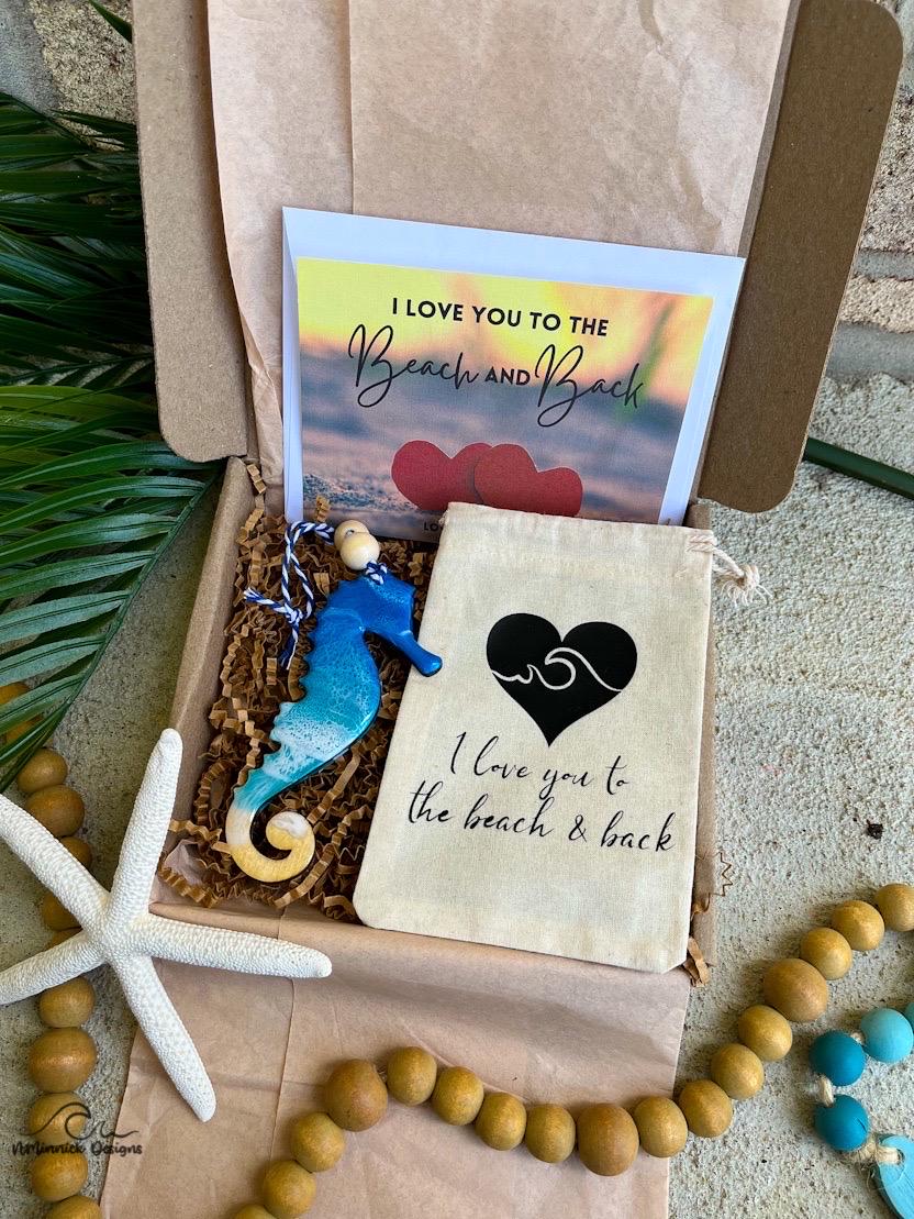 Ornament gift box with handmade wooden seahorse ocean resin wave ornament, plastic free packaging, muslin ornament keeper bag and love you to the beach and back card