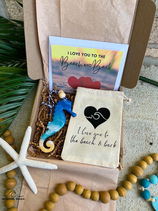 Ornament gift box with handmade wooden seahorse ocean resin wave ornament, plastic free packaging, muslin ornament keeper bag and love you to the beach and back card