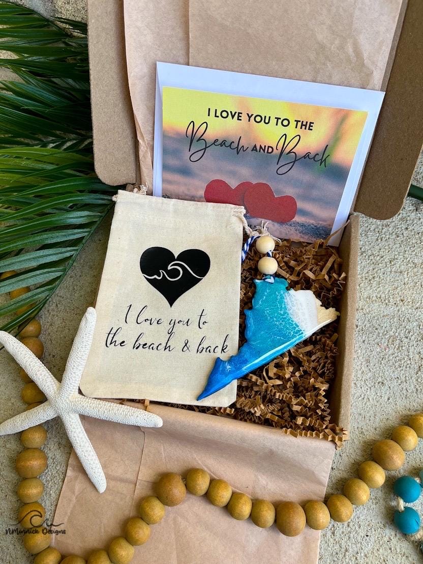 Ornament gift box with handmade wooden virginia ocean resin wave ornament, plastic free packaging, muslin ornament keeper bag and love you to the beach and back card