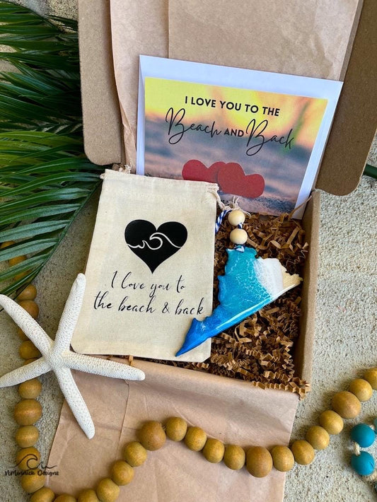Ornament gift box with handmade wooden virginia ocean resin wave ornament, plastic free packaging, muslin ornament keeper bag and love you to the beach and back card