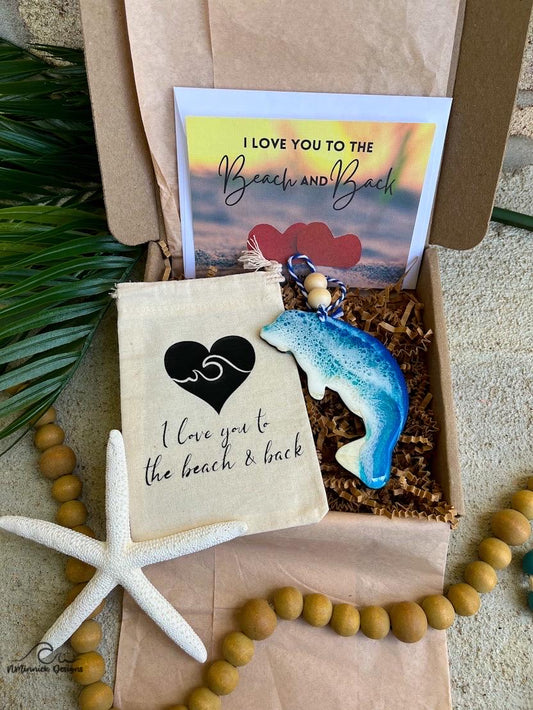 Ornament gift box with handmade wooden manatee ocean resin wave ornament, plastic free packaging, muslin ornament keeper bag and love you to the beach and back card