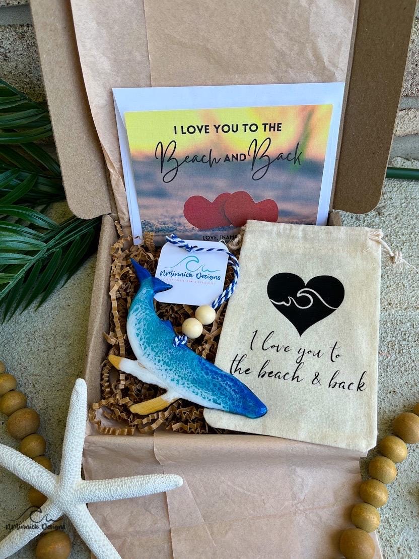 Ornament gift box with handmade wooden whale ocean resin wave ornament, plastic free packaging, muslin ornament keeper bag and love you to the beach and back card