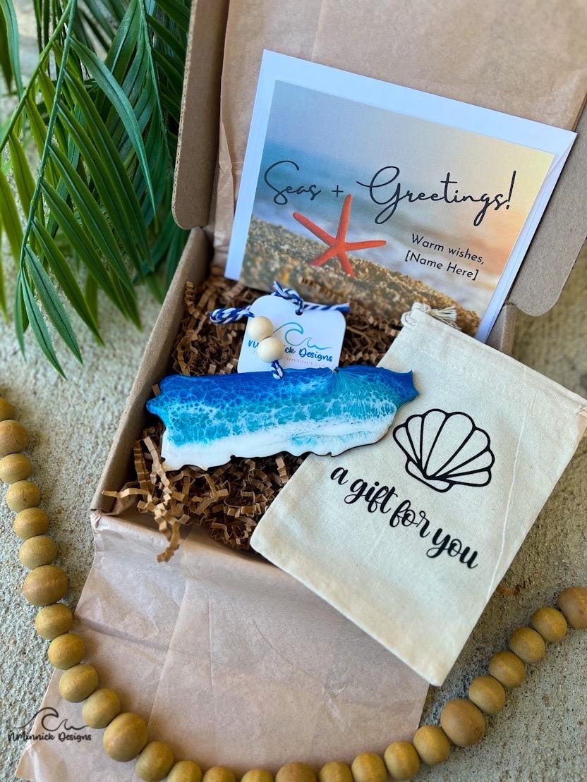 Puerto Rico Ocean Resin Ornament Gift Box with Muslin Bag and Personalized Card, Vacation Memories, Beach Gifts, Ocean Waves
