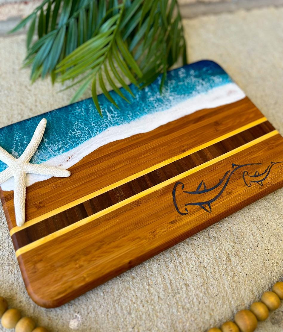 Resin Ocean Bamboo Cheese Board | Sea Turtle & Hammerhead Shark Inlay | Coastal Serving Gift