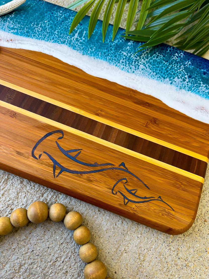 Resin Ocean Bamboo Cheese Board | Sea Turtle & Hammerhead Shark Inlay | Coastal Serving Gift