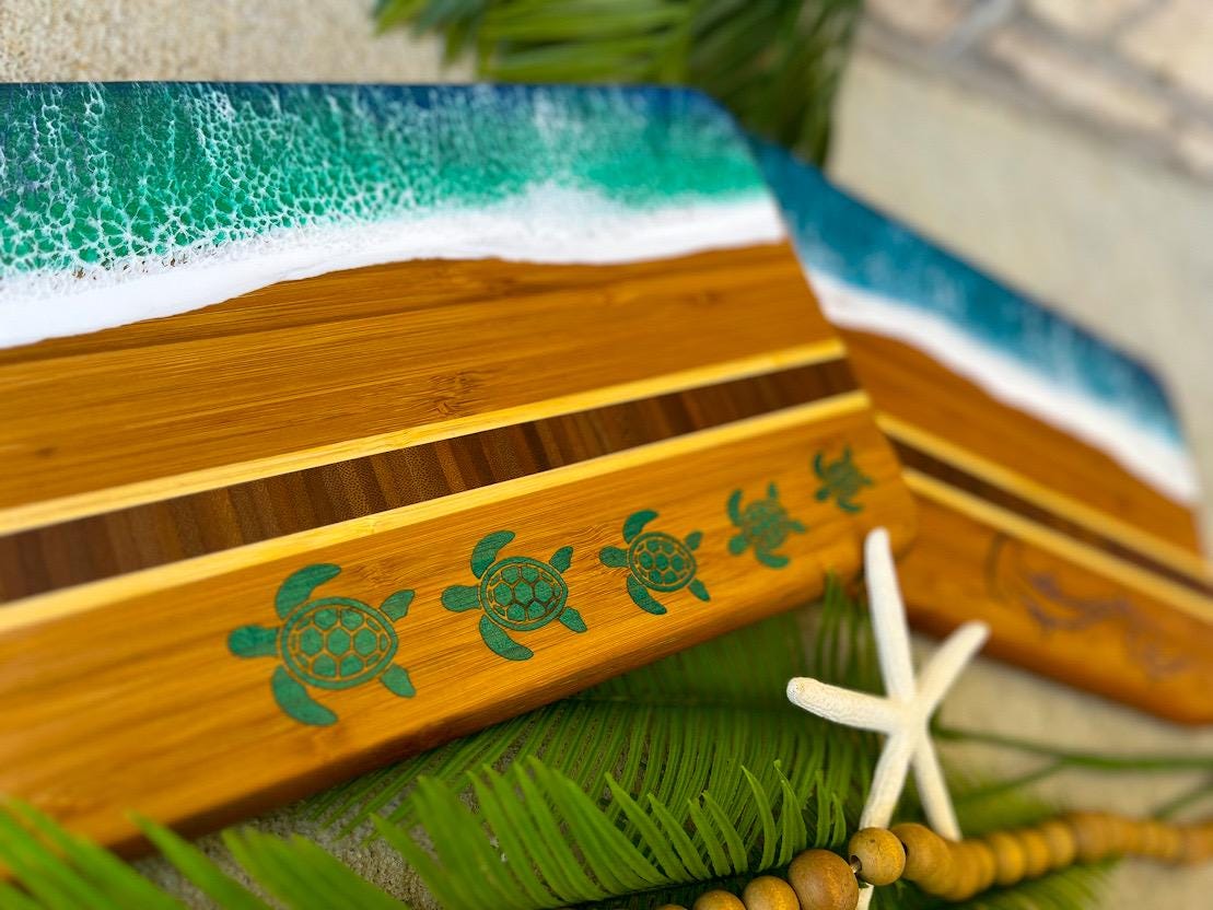 Resin Ocean Bamboo Cheese Board | Sea Turtle & Hammerhead Shark Inlay | Coastal Serving Gift