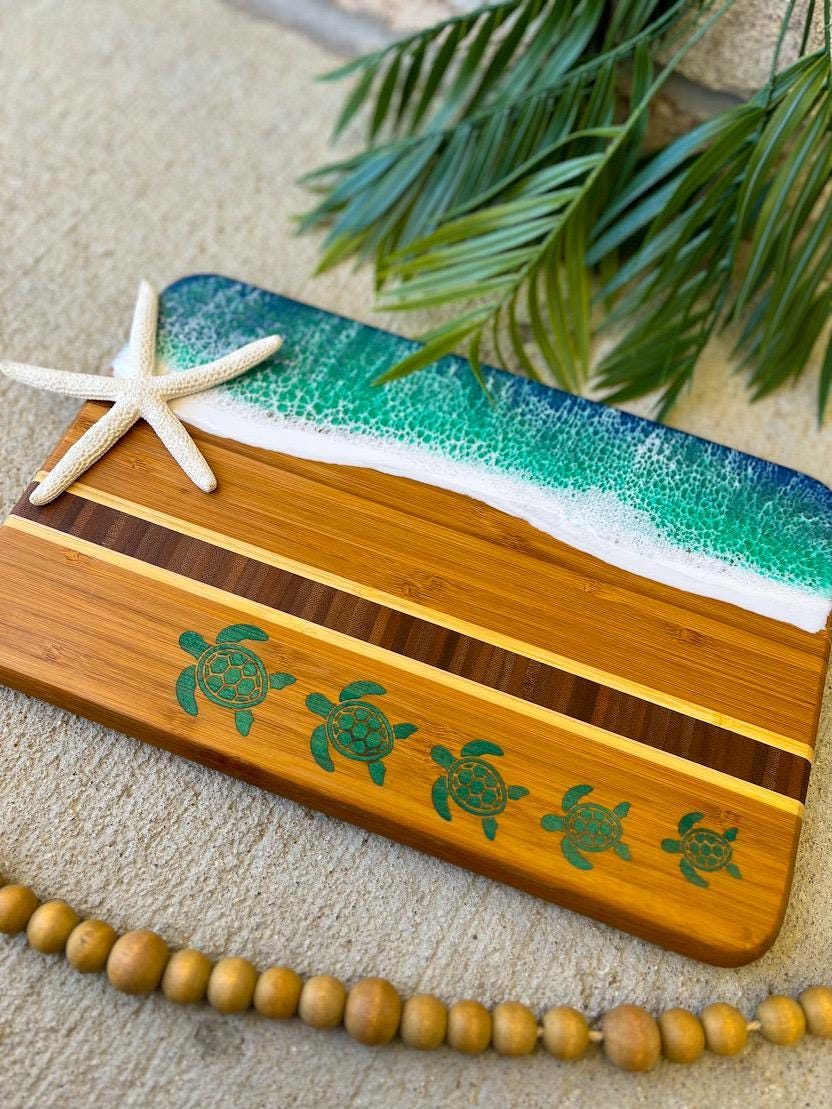 Resin Ocean Bamboo Cheese Board | Sea Turtle & Hammerhead Shark Inlay | Coastal Serving Gift