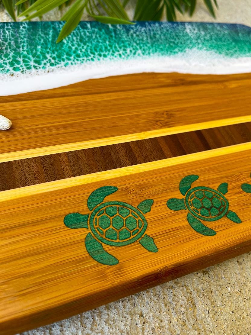 Resin Ocean Bamboo Cheese Board | Sea Turtle & Hammerhead Shark Inlay | Coastal Serving Gift