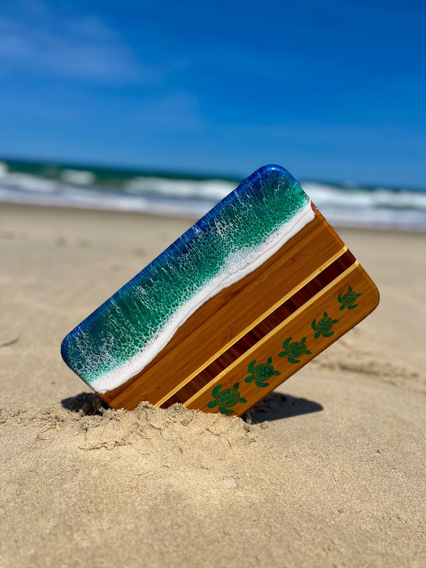 Resin Ocean Bamboo Cheese Board | Sea Turtle & Hammerhead Shark Inlay | Coastal Serving Gift
