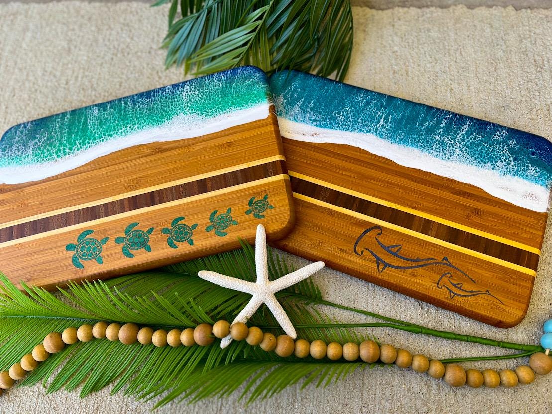 Resin Ocean Bamboo Cheese Board | Sea Turtle & Hammerhead Shark Inlay | Coastal Serving Gift